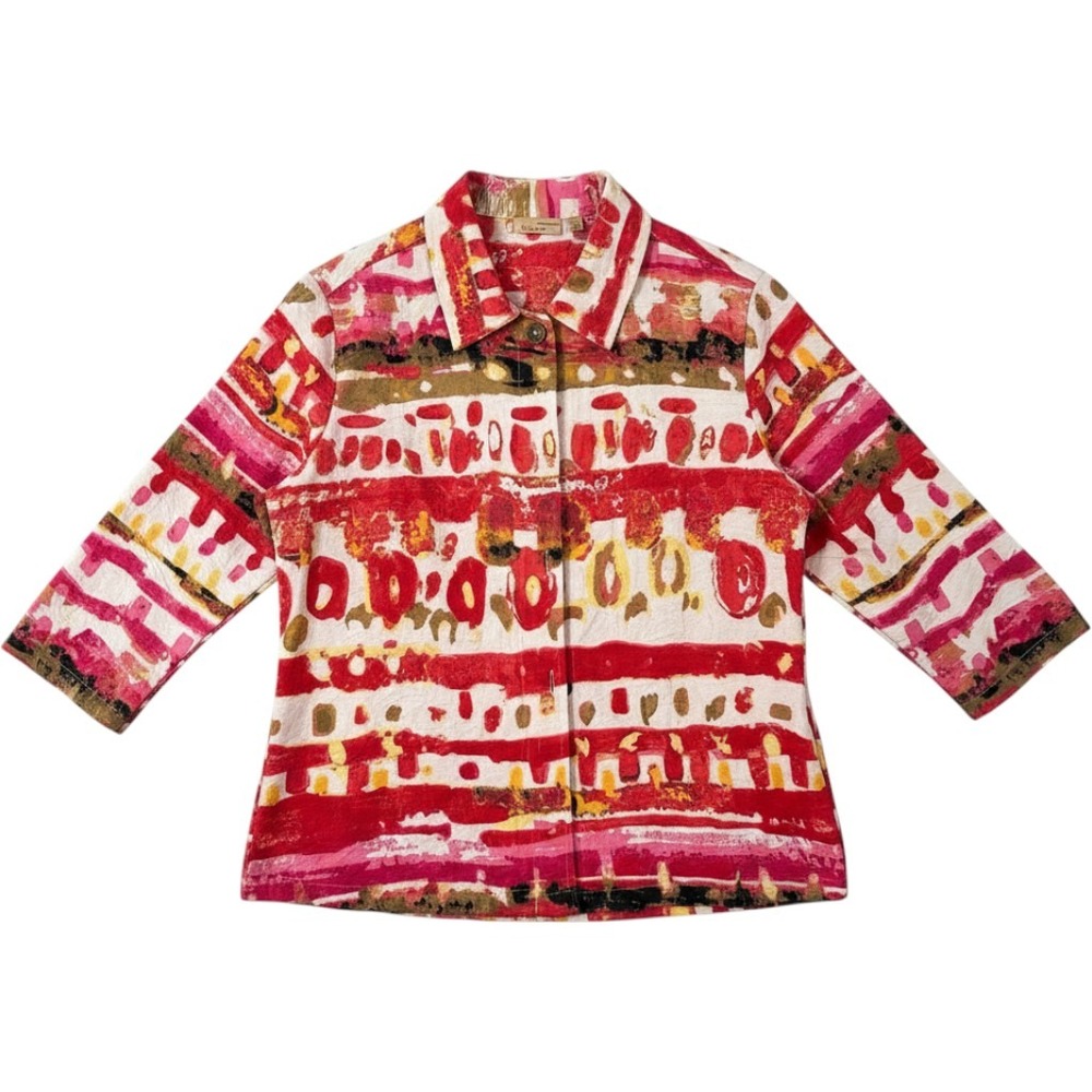 Choices Abstract Textured Cotton‎ Button Up Shirt Jacket Red Pink Large